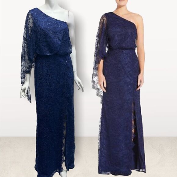 Aidan Mattox Asymmetrical Top Navy Gown - Picture 1 of 6